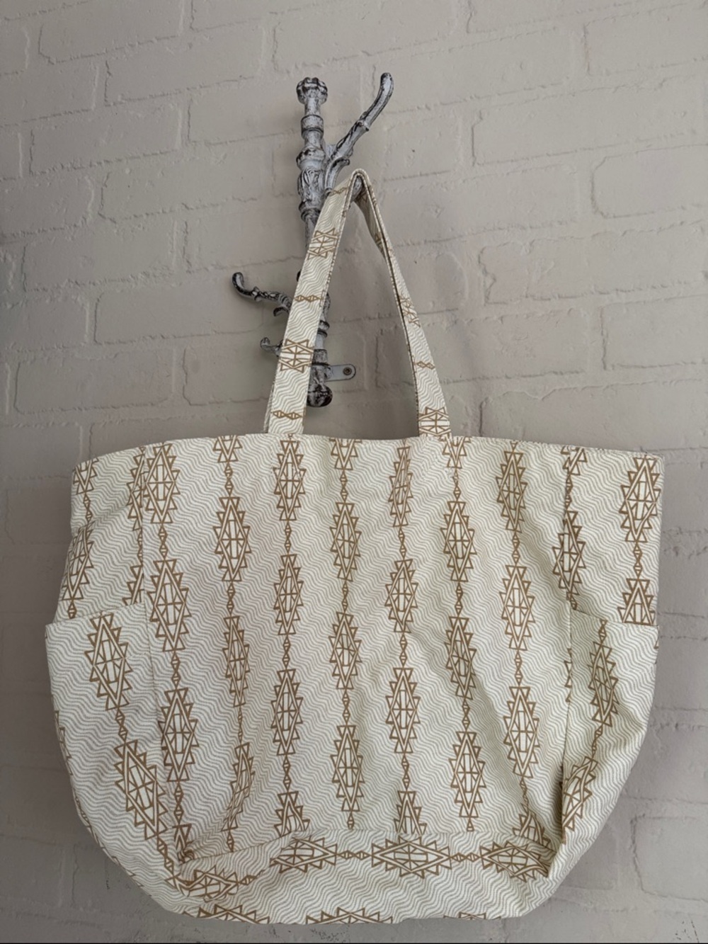 Sonoma Canvas Geo Print Tote Bag in Cream Tan NEW lined